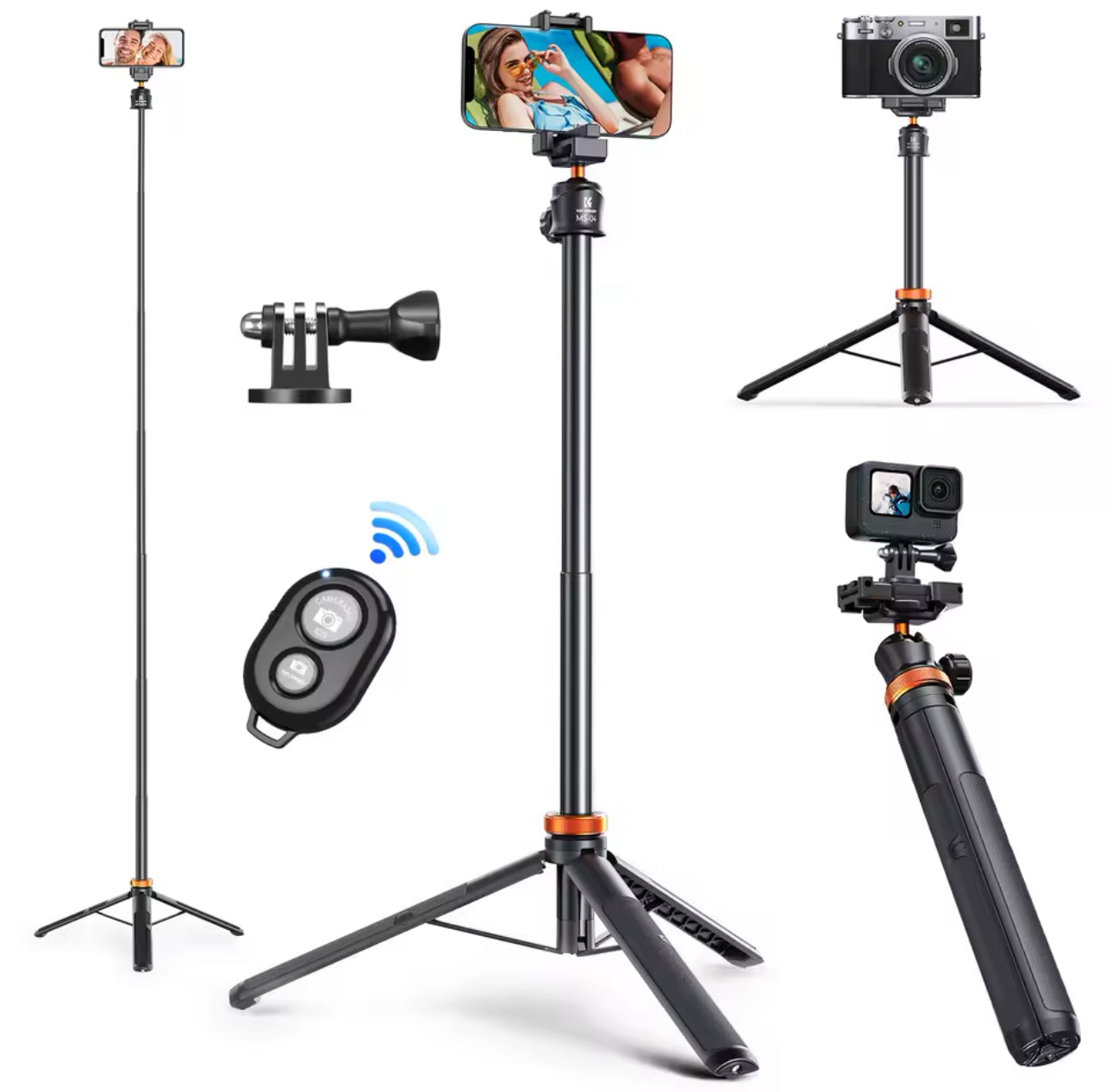 KS 62''/1.58m Phone Tripod Selfie Stick Black And Orange With Bluetooth Remote Control + Gopro Adapter