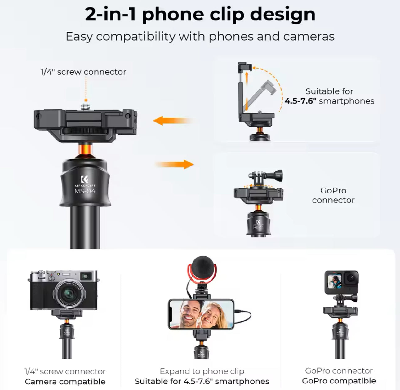 KS 62''/1.58m Phone Tripod Selfie Stick Black And Orange With Bluetooth Remote Control + Gopro Adapter