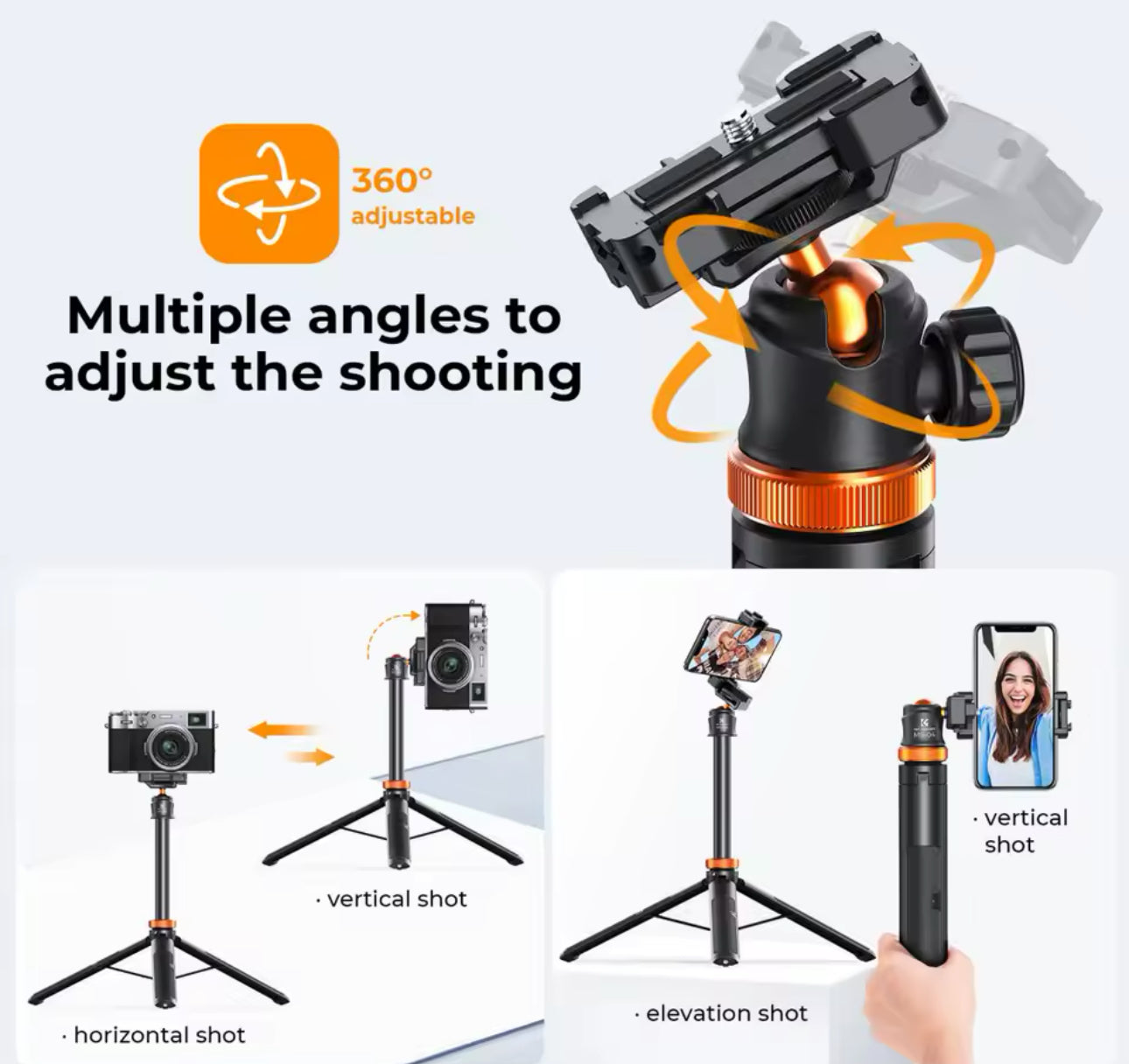 KS 62''/1.58m Phone Tripod Selfie Stick Black And Orange With Bluetooth Remote Control + Gopro Adapter